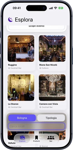 Nesapp, griglia dei locali di Bologna con la categoria di ognuno: cocktail bar, cultura, bistrot
