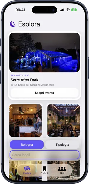 Nesapp, schermata Esplora: in evidenza un evento e sotto i locali in guida